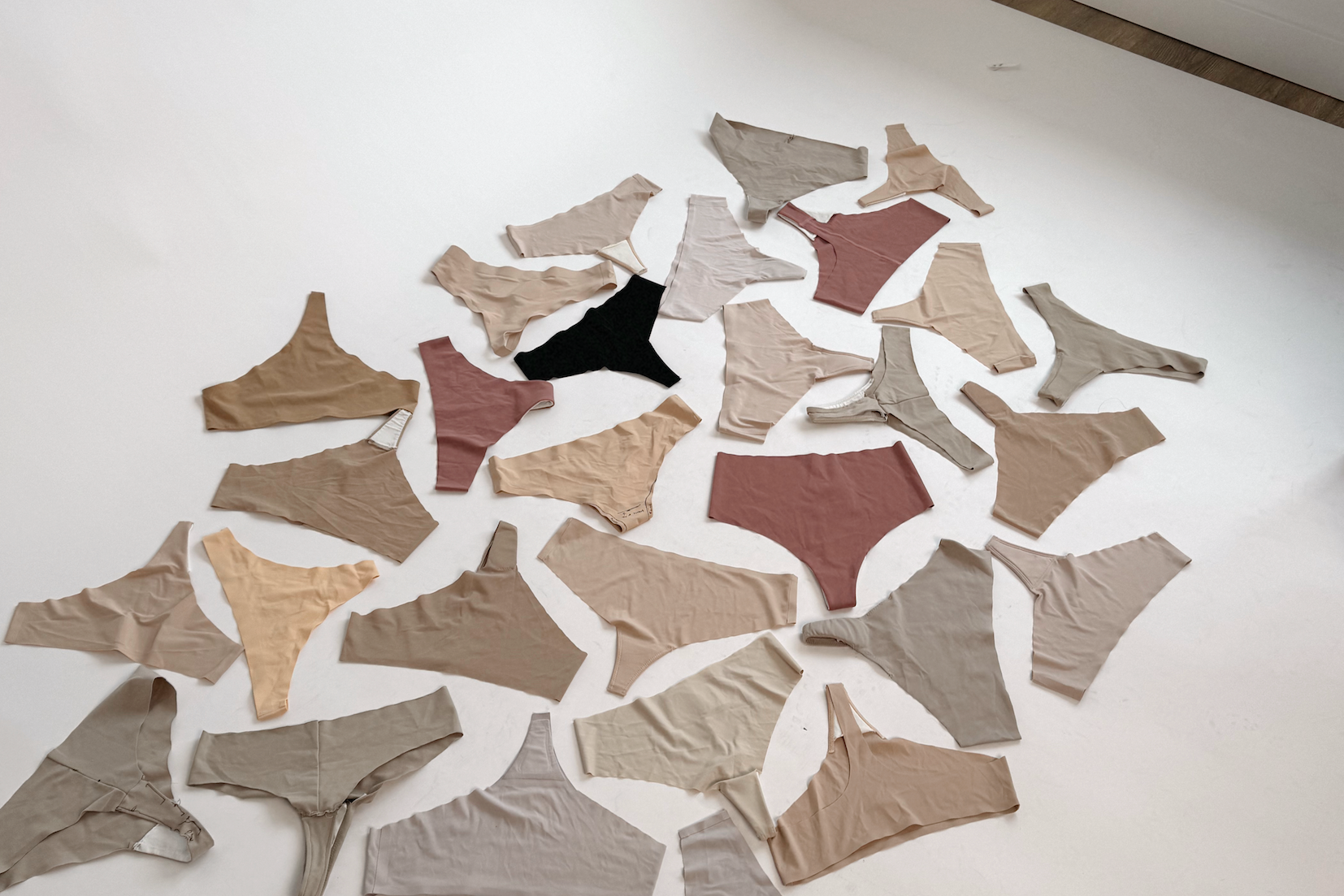 Showing many of the hundreds of prototypes that were tested before the final Camelno underwear design was made