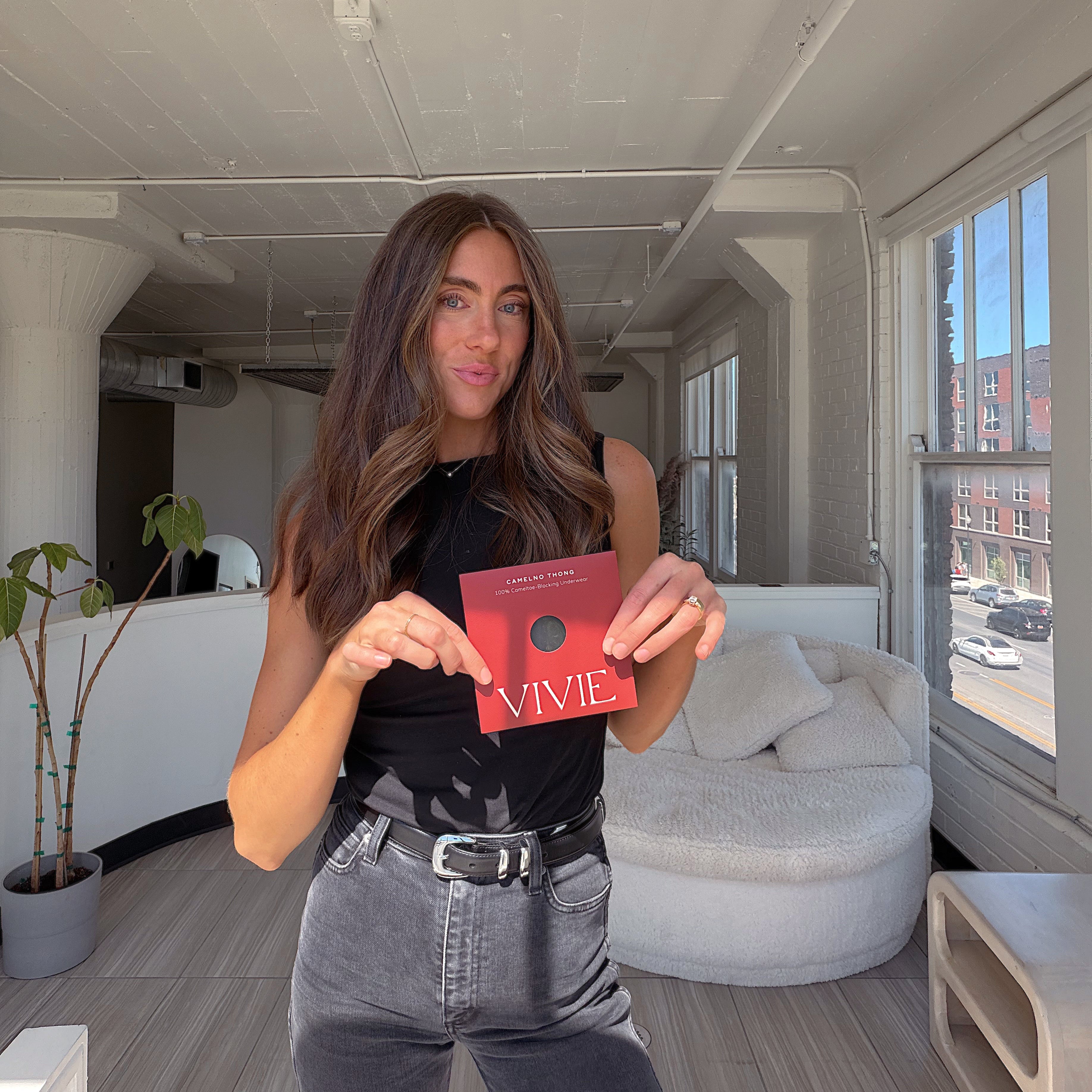Founder of Vivie, Anna Yardley, shows her Camelno underwear creation.